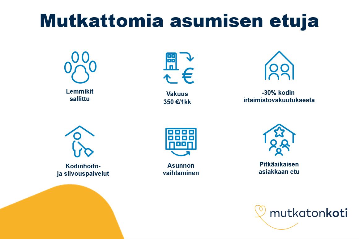 Etukuva: Mutkattomia asumisen etuja. Lemmikit sallittu. Vakuus 350e tai yhden kuukauden vuokra. -30% kodin irtaimistovakuudesta. Kodinhoito- ja siivouspalvelu. Asunnon vaihtaminen. Pitkäaikaisen asiakkaan etu. Mutkatonkoti logo.