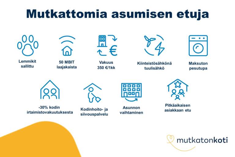 Etukuvake: Mutkattomia asumisen etuja. Lemmikit sallittu. 50 MBIT laajakaista. Vakuus 350 € tai 1 kk vuokra. Kiinteistösähkönä tuulisähkö. Maksuton pesutupa. -30% kodin irtaimistovakuutuksesta. Kodinhoito- ja siivouspalvelu. Asunnon vaihtaminen. Pitkäaikaisen asiakkaan etu.