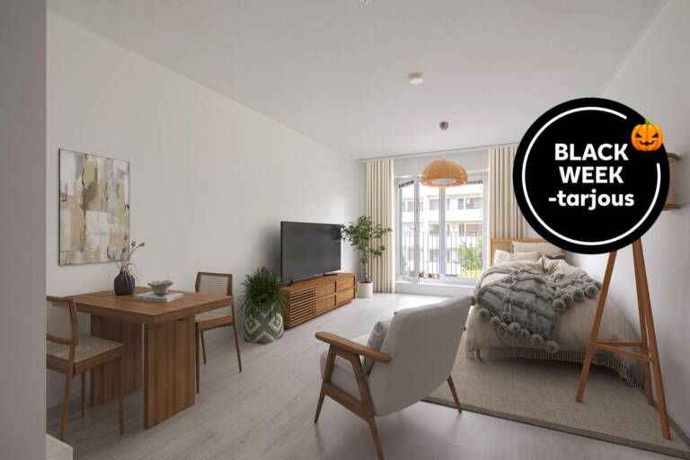 Pääkuva: digistailattu huoneisto. Kampanjakuvake: BLACK WEEK-tarjous.