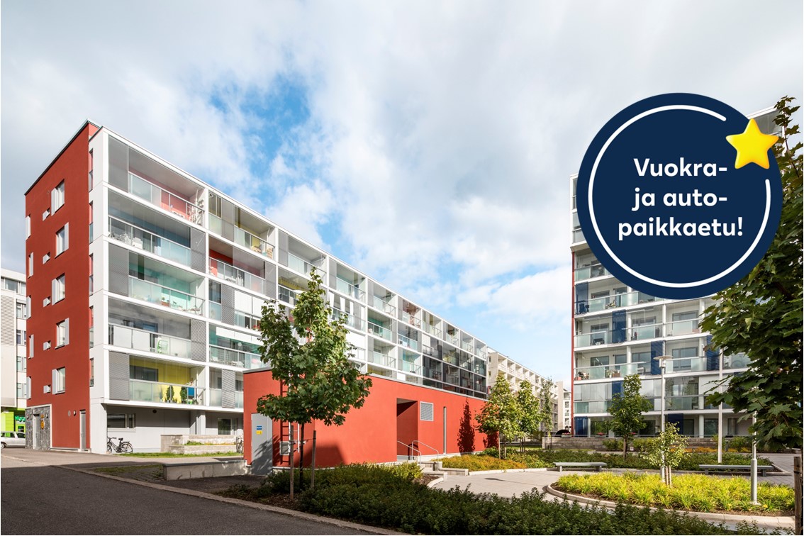 Pääkuva: julkisivukuva. Kampanjakuvake: Vuokra- ja autopaikkaetu!