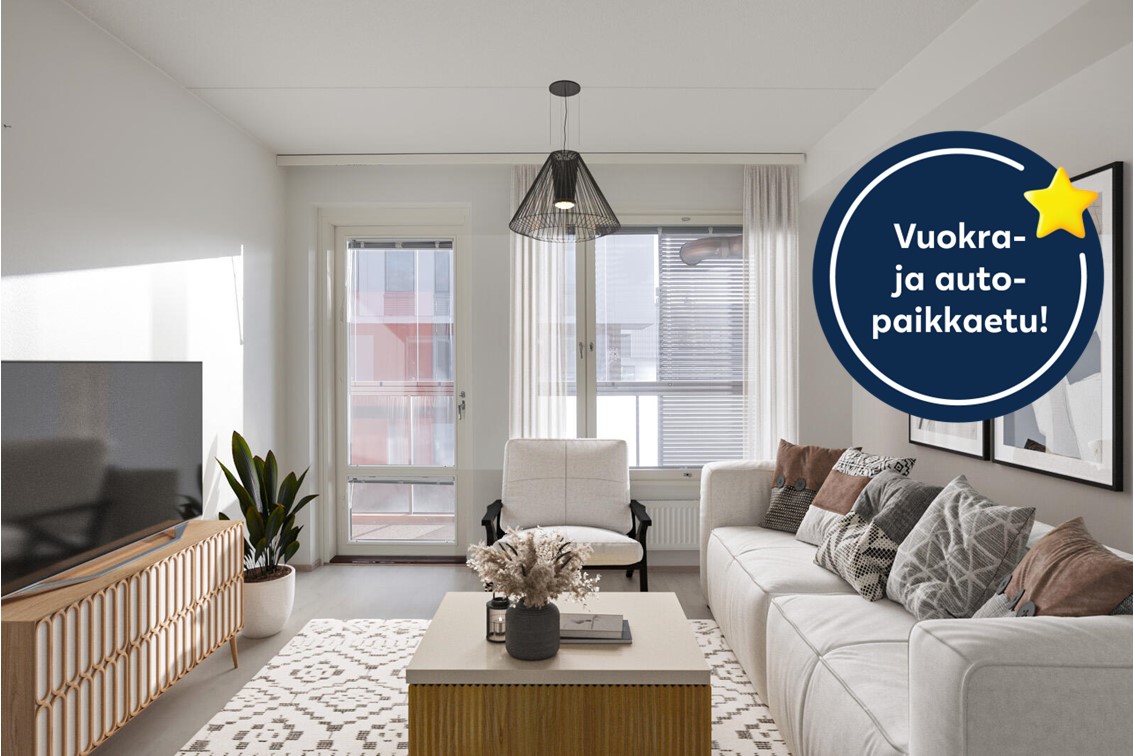 Pääkuva: digistailattu huoneisto. Kampanjakuvake: Vuokra- ja autopaikkaetu!