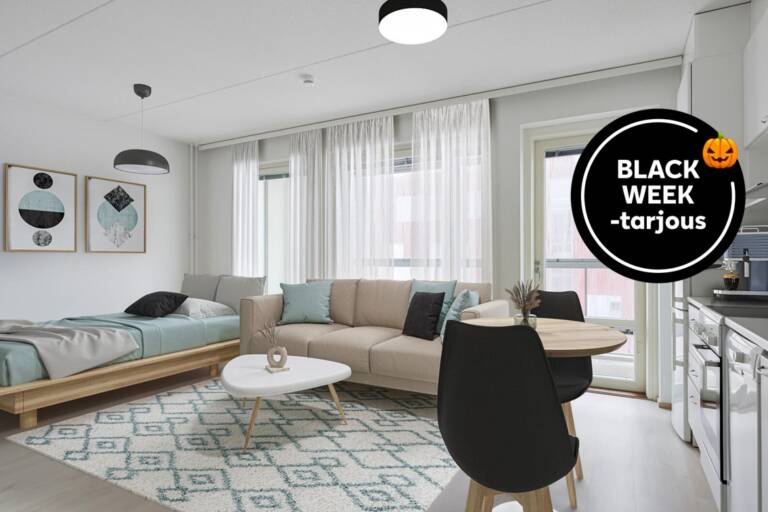 Pääkuva: digistailattu huoneisto. Kampanjakuvake: Black Week -tarjous.