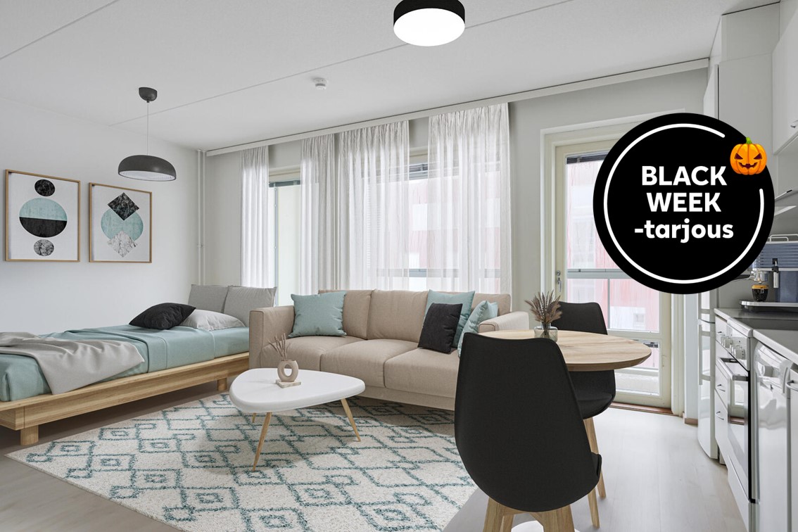 Pääkuva: digistailattu huoneisto. Kampanjakuvake: Black Week -tarjous.