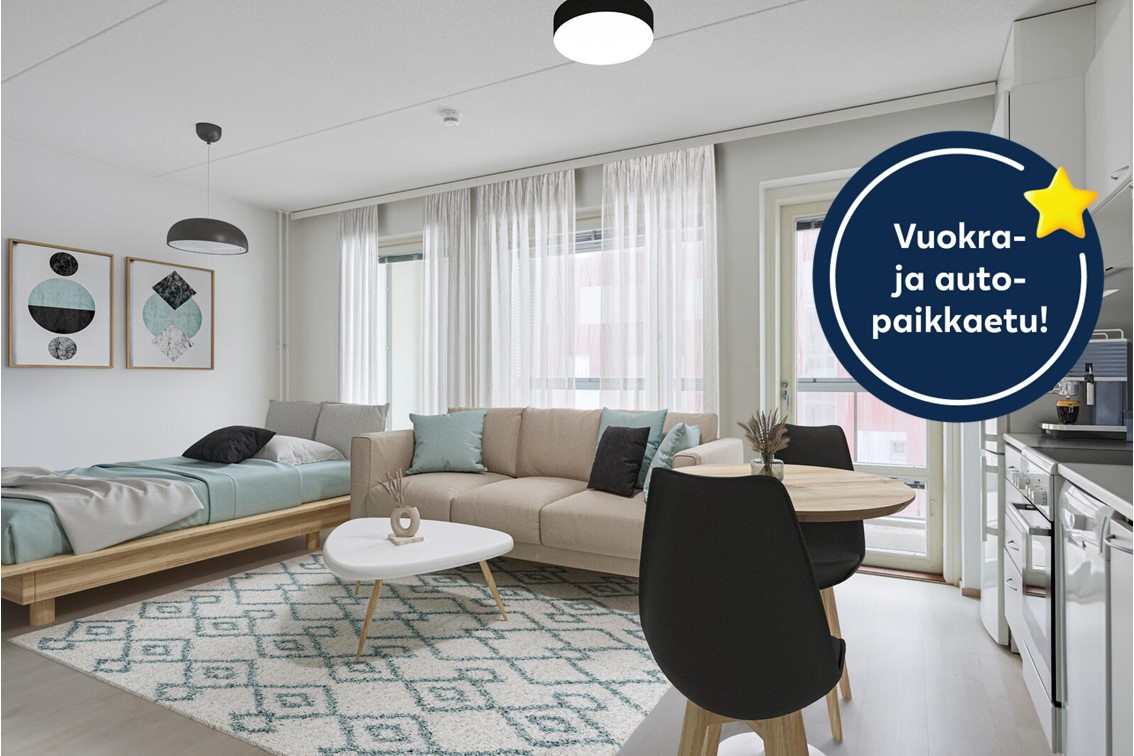 Pääkuva: digistailattu huoneisto. Kampanjakuvake: BLACK WEEK -tarjous.