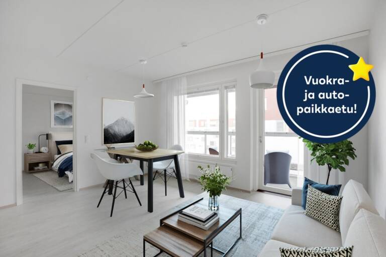 Pääkuva: digistailattu huoneisto. Kampanjakuvake: vuokra- ja autopaikkaetu.