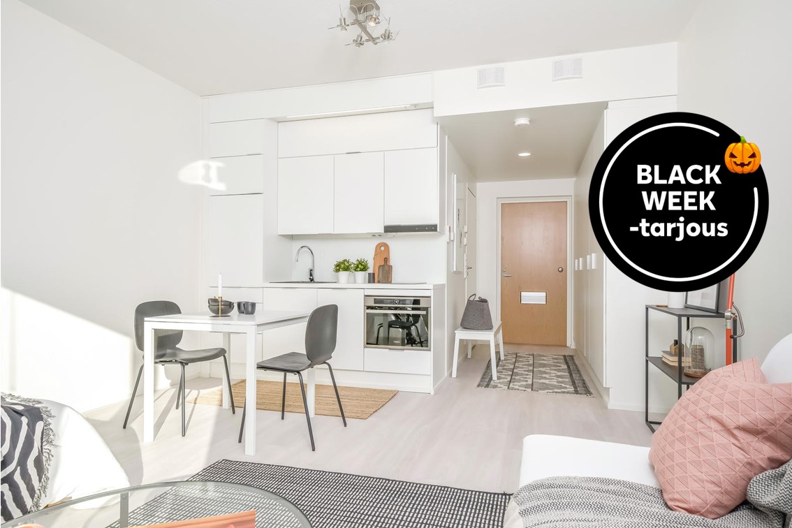 Pääkuva: digistailattu huoneisto. Kampanjakuvake: BLACK WEEK -tarjous.