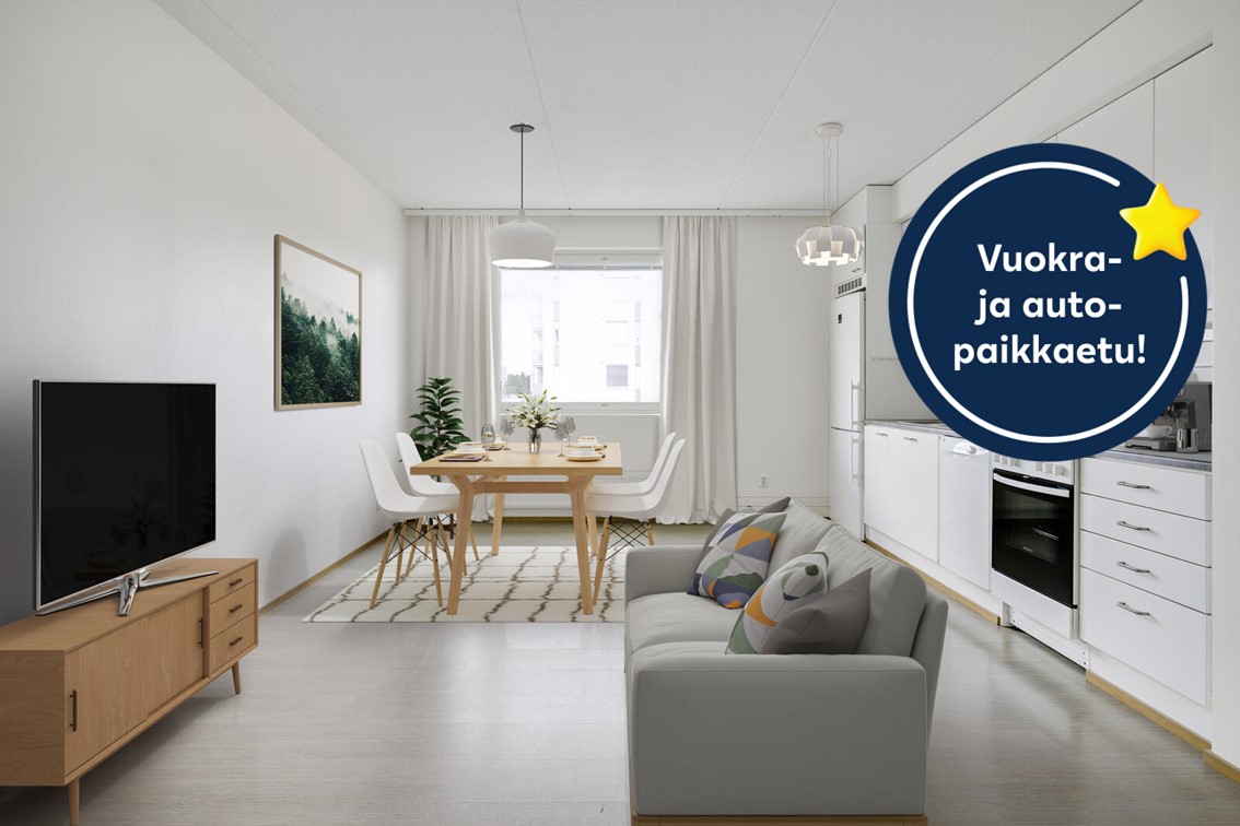Pääkuva: digistailattu huoneisto. Kampanjakuvake: vuokra- ja autopaikkaetu.
