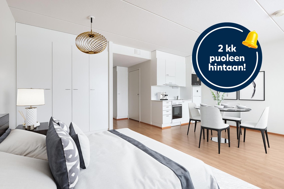 Pääkuva: KAMPANJA! Tähän asuntoon saat -50 % vuokranalennusta kahden ensimmäisen kuukauden ajan. Edun saa uusiin vuokrasopimuksiin, jotka on allekirjoitettu 31.1.2026 mennessä. Etu edellyttää 6 kuukauden sitoutumista asumiseen.