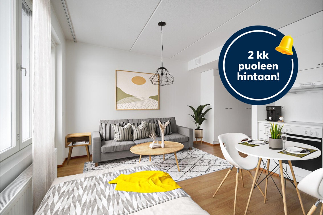 Pääkuva: KAMPANJA! Tähän asuntoon saat -50 % vuokranalennusta kahden ensimmäisen kuukauden ajan. Edun saa uusiin vuokrasopimuksiin, jotka on allekirjoitettu 31.1.2026 mennessä. Etu edellyttää 6 kuukauden sitoutumista asumiseen.