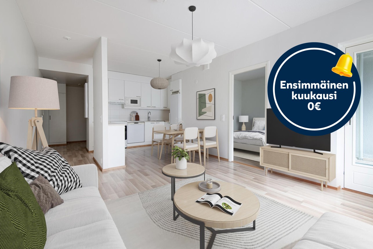 Pääkuva: digitaalinen sisustus. Ensimmäinen kuukausi 0€ -logo.