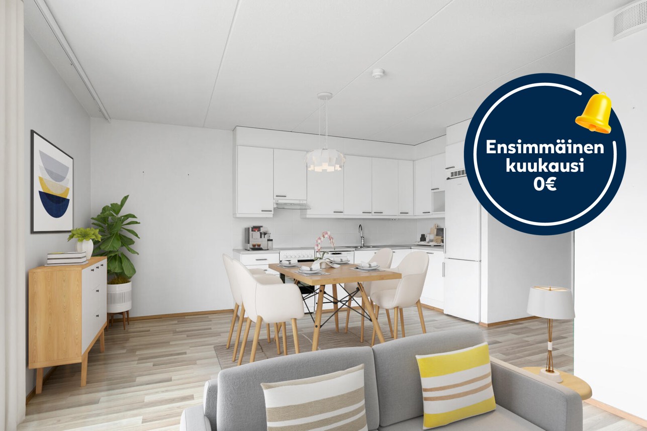 Pääkuva: digitaalinen sisustus. Ensimmäisen kuukauden vuokra 0€ -logo.