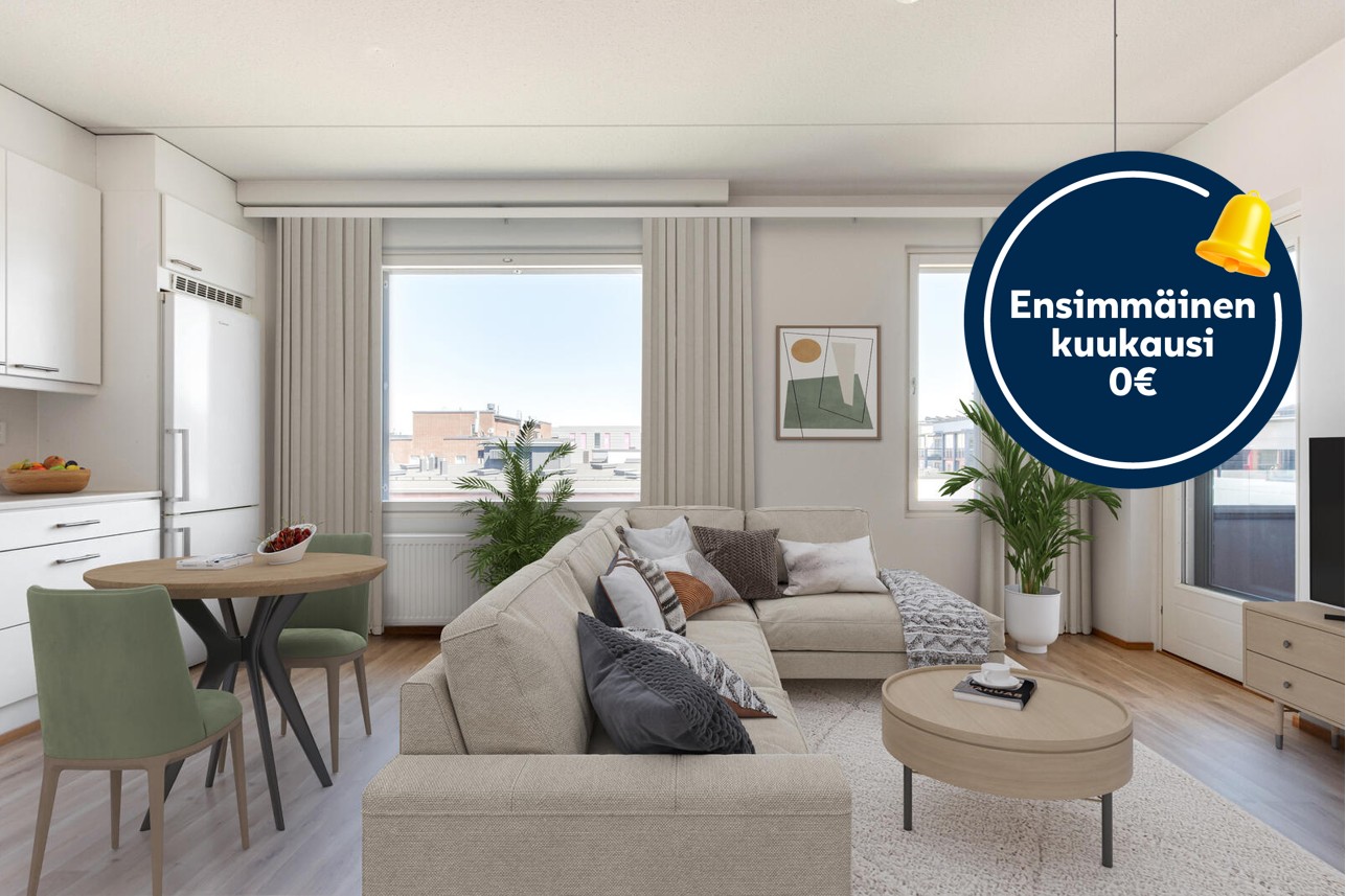 Pääkuva: digitaalinen sisustus. Ensimmäisen kuukauden vuokra 0€ -logo.