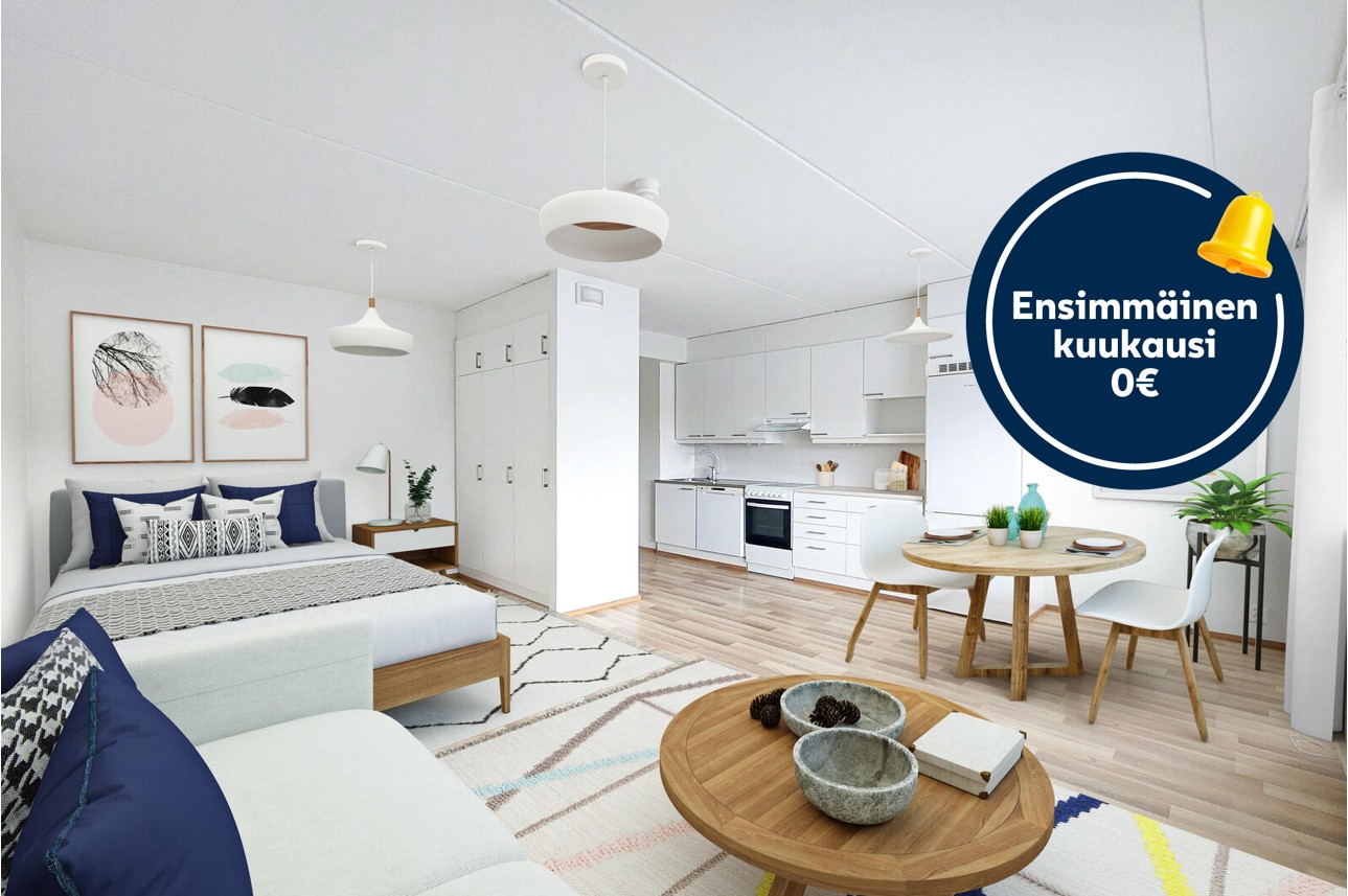 Pääkuva: digitaalinen sisustus. Ensimmäinen kuukausi 0€ -logo.