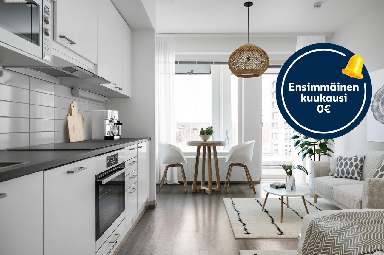Pääkuva: digitaalinen sisustus. Ensimmäisen kuukauden vuokra 0€ -logo.