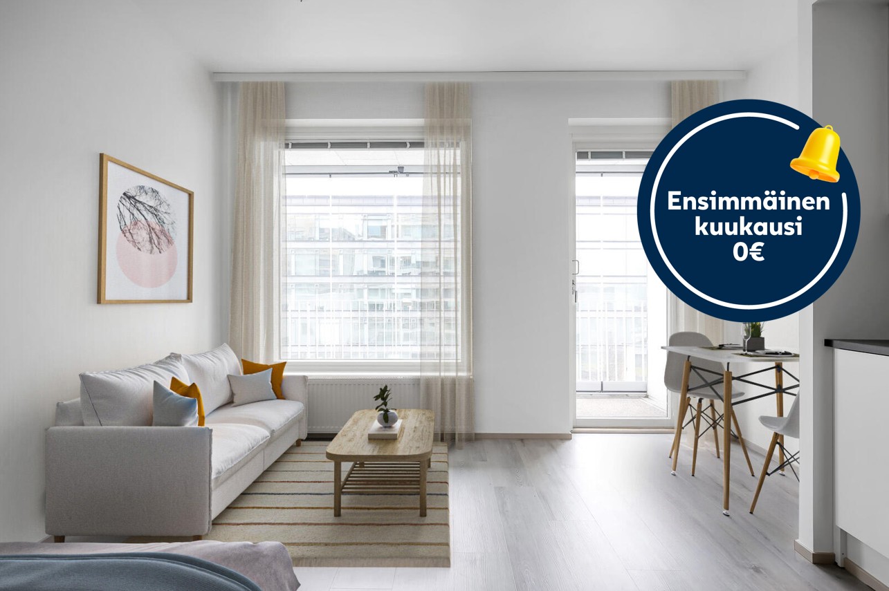 Pääkuva: digitaalinen sisustus. Ensimmäisen kuukauden vuokra 0€ -logo.