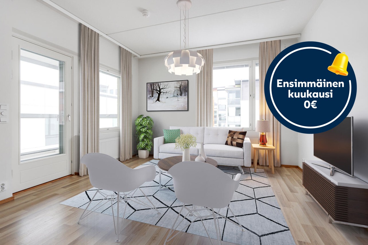 Pääkuva: digitaalinen sisustus. Ensimmäinen kuukausi 0€ -logo.