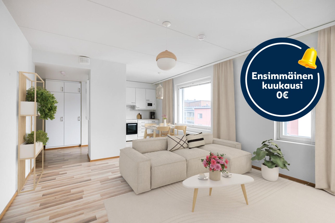 Pääkuva: digitaalinen sisustus. Ensimmäinen kuukausi 0€ -logo.