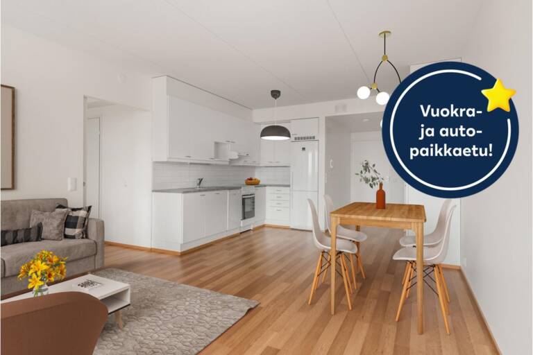 Pääkuva: digistailattu huoneisto. Kampanjakuvake: Vuokra- ja autopaikkaetu!