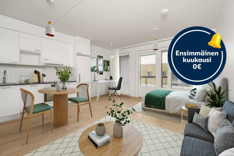 Pääkuva: digistailattu huoneisto. Kampanjakuvake: ensimmäinen kuukausi 0 €.