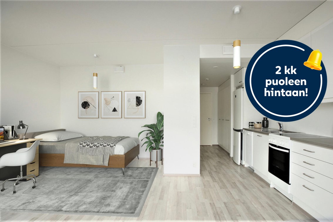 Pääkuva: digistailattu huoneisto. Kampanjakuvake: 2 kk puoleen hintaan!