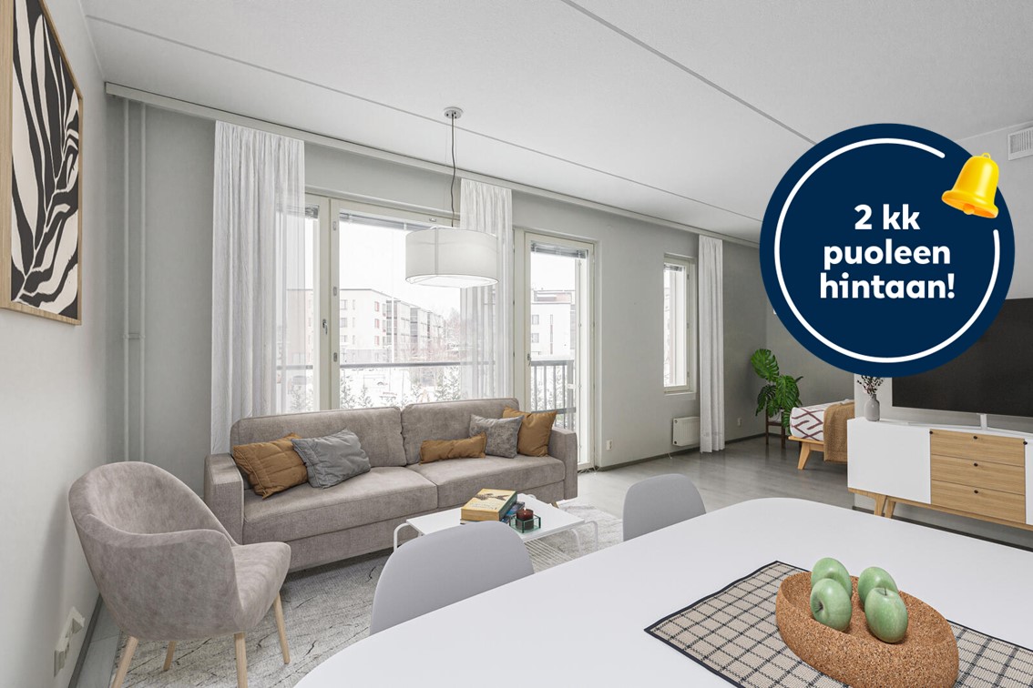 Pääkuva: digistailattu huoneisto. Kampanjakuvake: 2 kk puoleen hintaan!