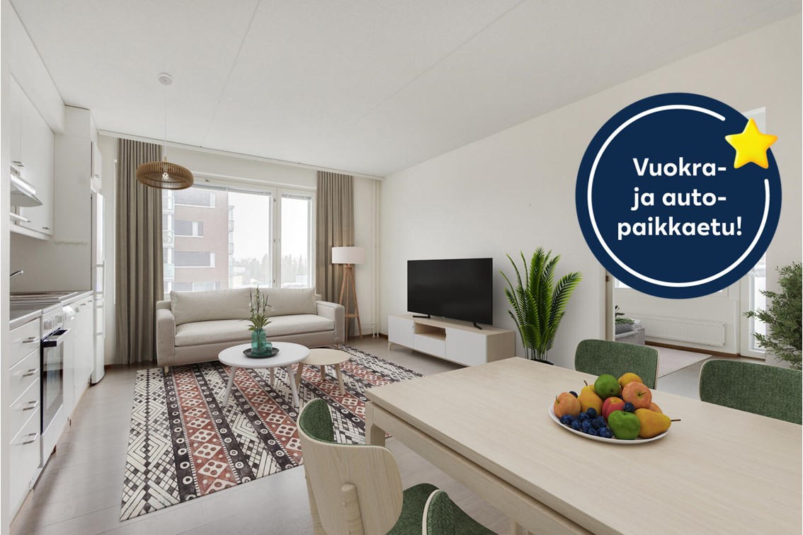 Pääkuva: digistailattu huoneisto. Kampanjakuvake: Vuokra- ja autopaikkaetu!