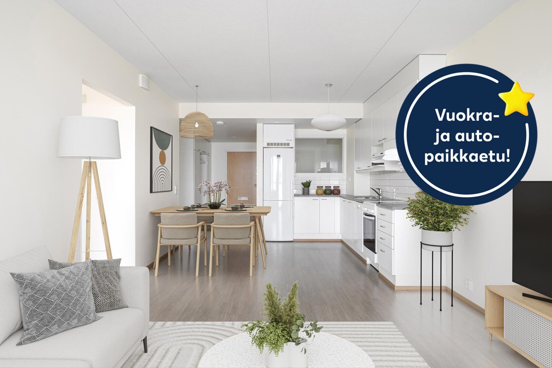 Pääkuva: digistailattu huoneisto. Kampanjakuvake: Vuokra- ja autopaikkaetu!