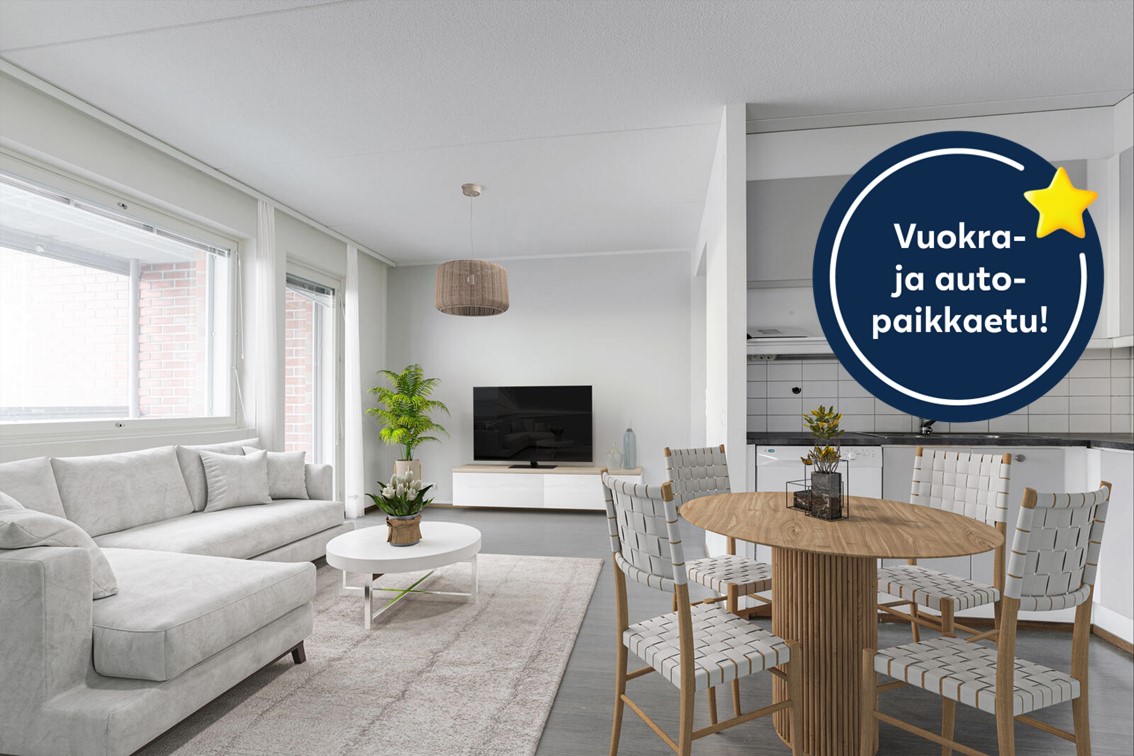 Pääkuva: digistailattu huoneisto. Kampanjakuvake: Vuokra- ja autopaikkaetu!