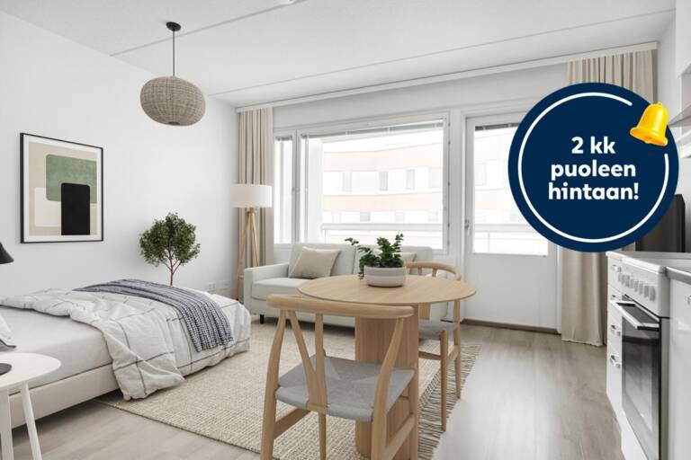 Pääkuva: digistailattu huoneisto. Kampanjakuvake: 2 kk puoleen hintaan!