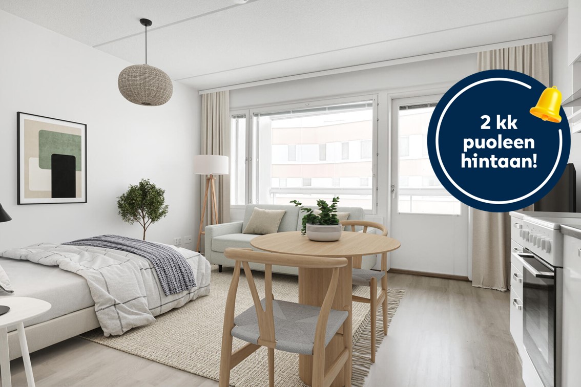 Pääkuva: digistailattu huoneisto. Kampanjakuvake: 2 kk puoleen hintaan!