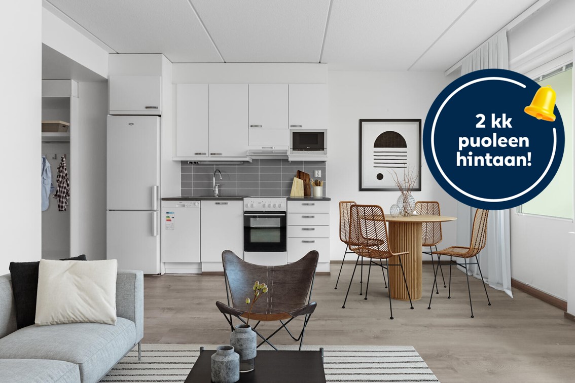 Pääkuva: digistailattu huoneisto. Kampanjakuvake: 2 kk puoleen hintaan!