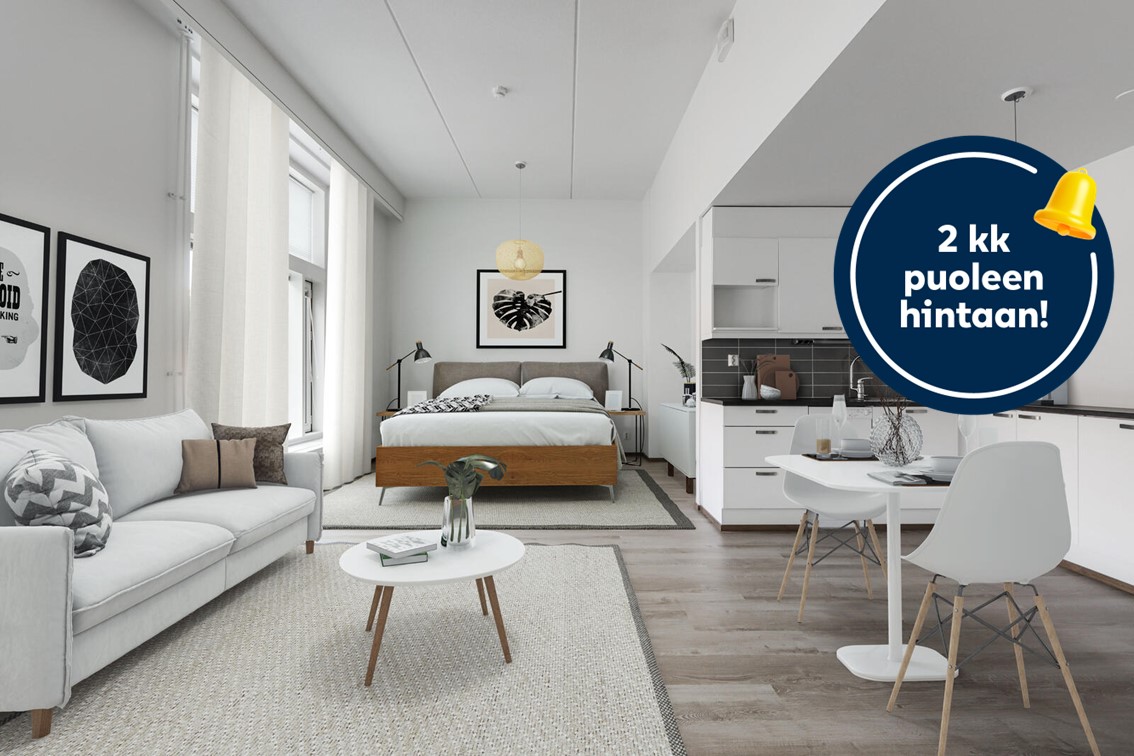 Pääkuva: digistailattu huoneisto. Kampanjakuvake: 2 kk puoleen hintaan!