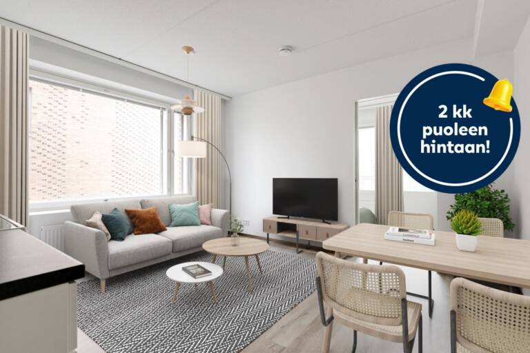 Pääkuva: digistailattu huoneisto. Kampanjakuvake: 2 kk puoleen hintaan!