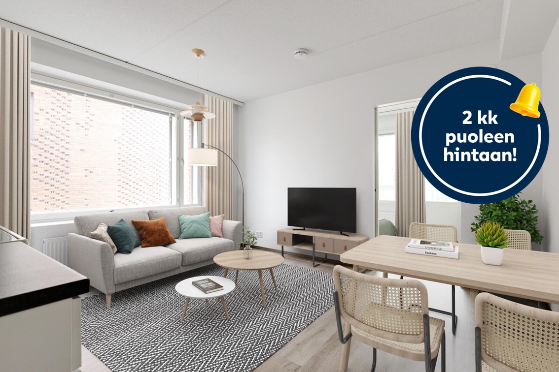 Pääkuva: digistailattu huoneisto. Kampanjakuvake: 2 kk puoleen hintaan!