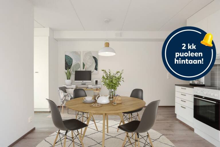 Pääkuva: digistailattu huoneisto. Kampanjakuvake: 2 kk puoleen hintaan!