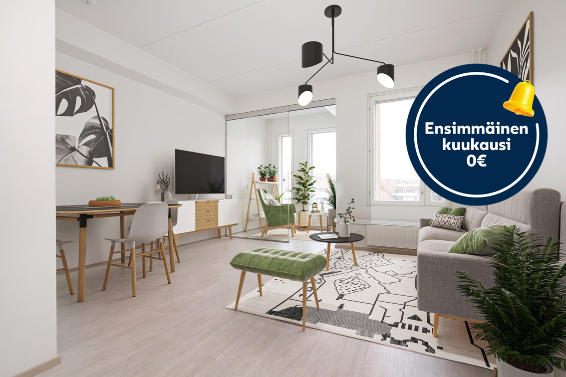 Pääkuva: digistailattu huoneisto. Kampanjakuvake: ensimmäinen kuukausi 0 €.