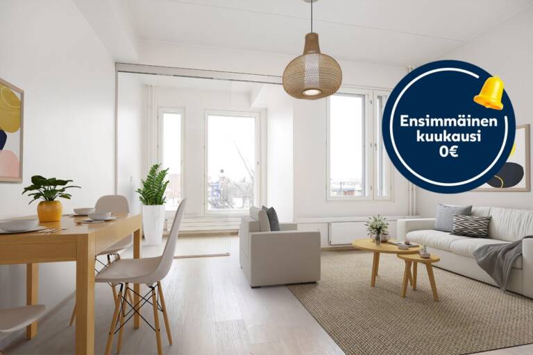 Pääkuva: digistailattu huoneisto. Kampanjakuvake: ensimmäinen kuukausi 0 €.