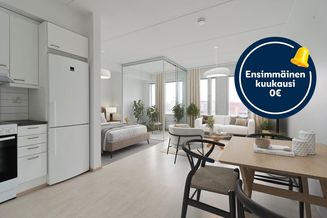 Pääkuva: digistailattu huoneisto. Kampanjakuvake: ensimmäinen kuukausi 0 €.