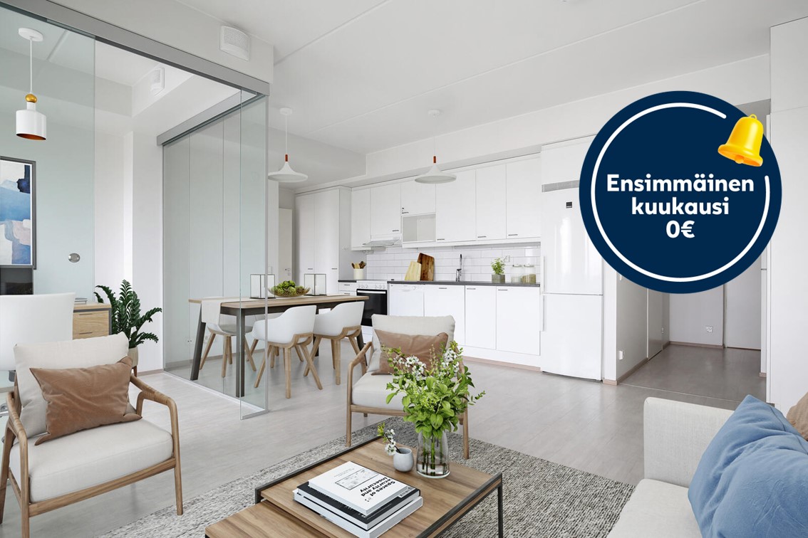 Pääkuva: digistailattu huoneisto. Kampanjakuvake: ensimmäinen kuukausi 0 €.
