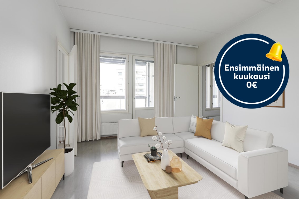 Pääkuva: digistailattu huoneisto. Kampanjakuvake: ensimmäinen kuukausi 0 €.