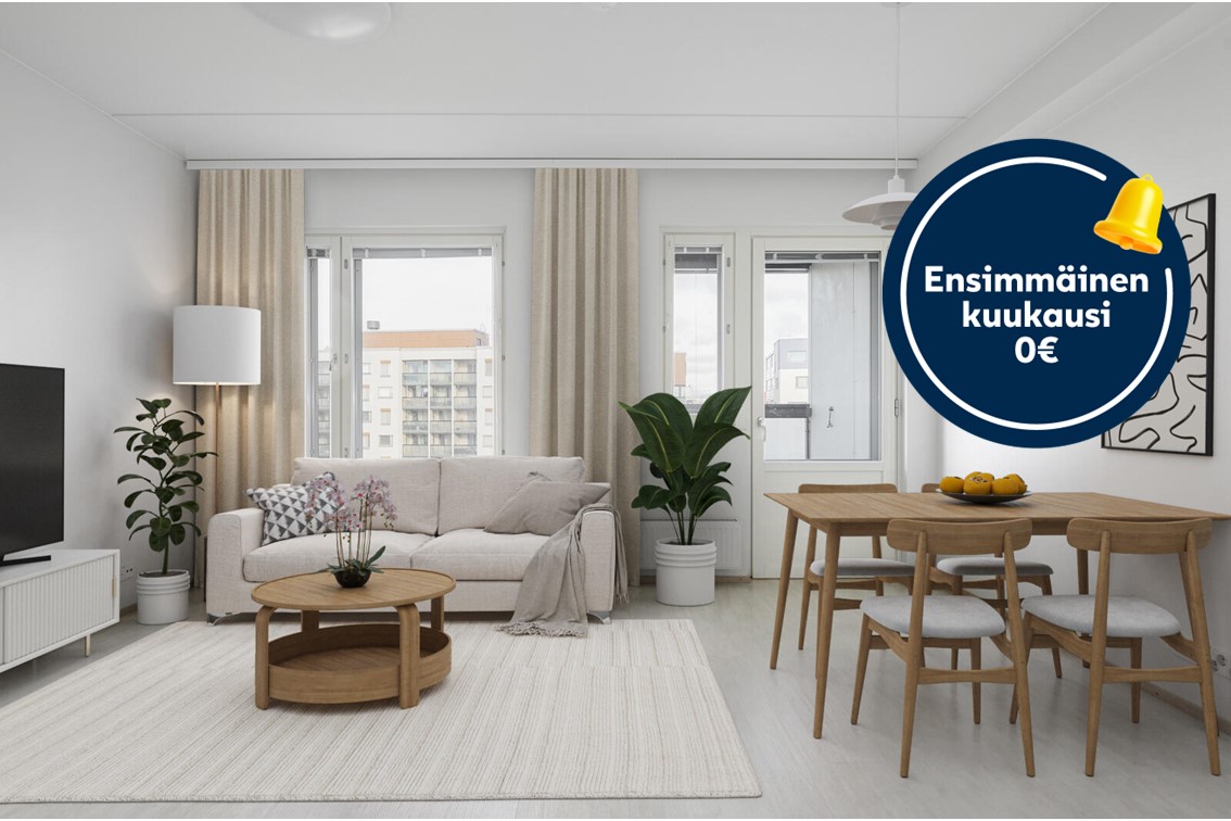 Pääkuva: digistailattu huoneisto. Kampanjakuvake: ensimmäinen kuukausi 0 €.
