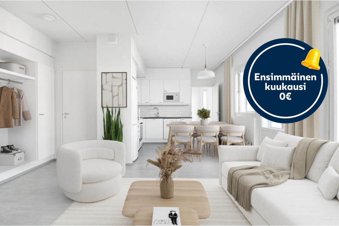 Pääkuva: digistailattu huoneisto. Kampanjakuvake: ensimmäinen kuukausi 0 €.