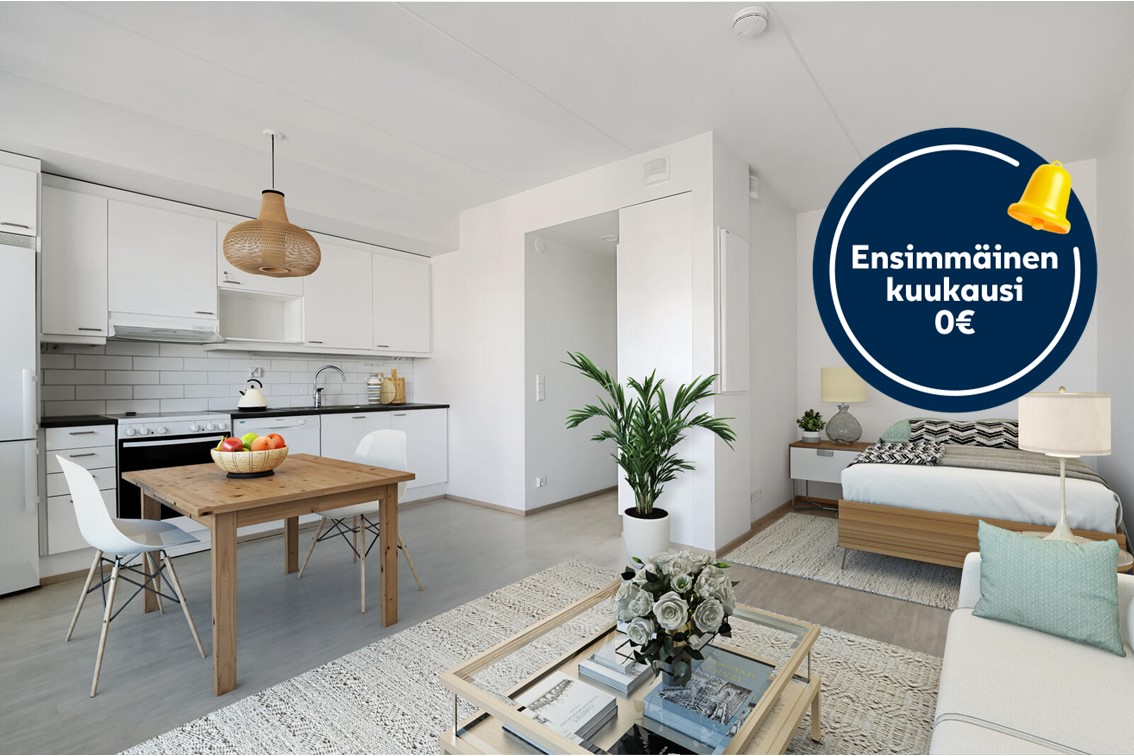 Pääkuva: digistailattu huoneisto. Kampanjakuvake: ensimmäinen kuukausi 0 €.
