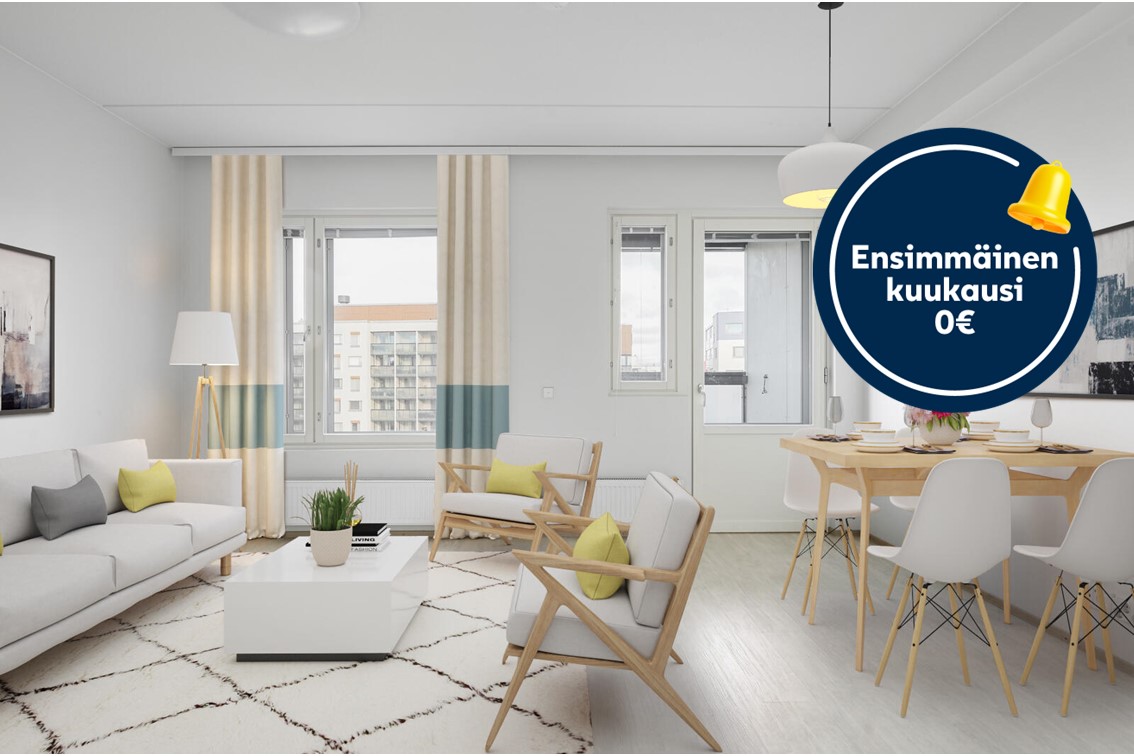 Pääkuva: digistailattu huoneisto. Kampanjakuvake: ensimmäinen kuukausi 0 €.