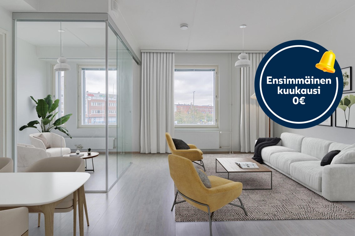 Pääkuva: digistailattu huoneisto. Kampanjakuvake: ensimmäinen kuukausi 0 €.