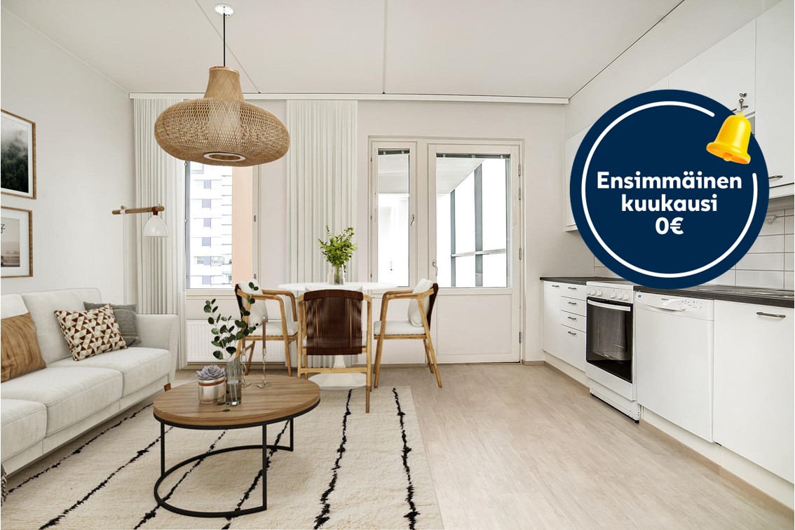 Pääkuva: digistailattu huoneisto. Kampanjakuvake: ensimmäinen kuukausi 0 €.