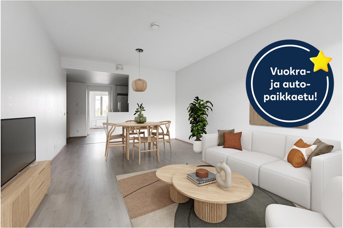 Pääkuva: digistailattu huoneisto. Kampanjakuvake: Vuokra- ja autopaikkaetu!