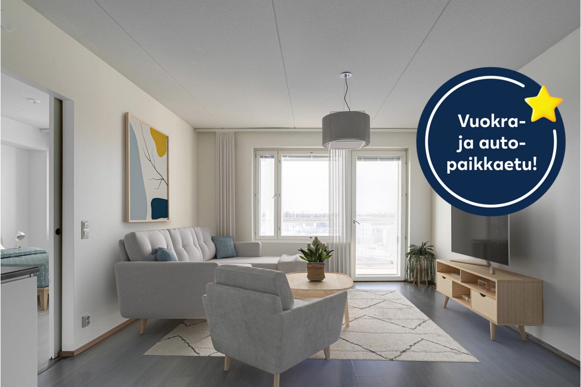 Pääkuva: digistailattu huoneisto. Kampanjakuvake: Vuokra- ja autopaikkaetu!