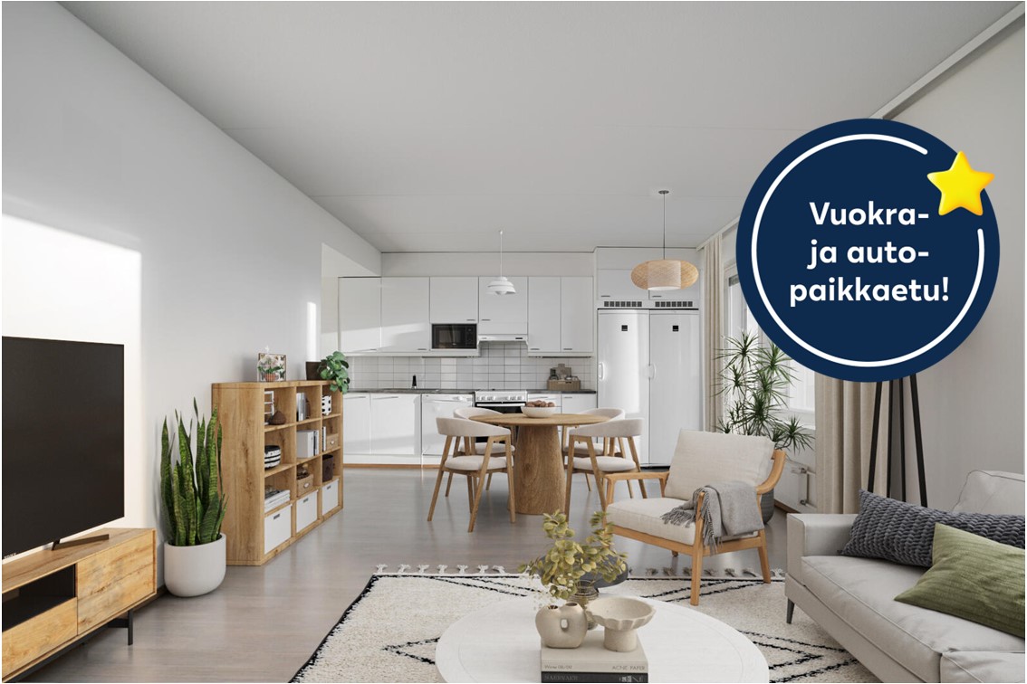 Pääkuva: digistailattu huoneisto. Kampanjakuvake: Vuokra- ja autopaikkaetu!