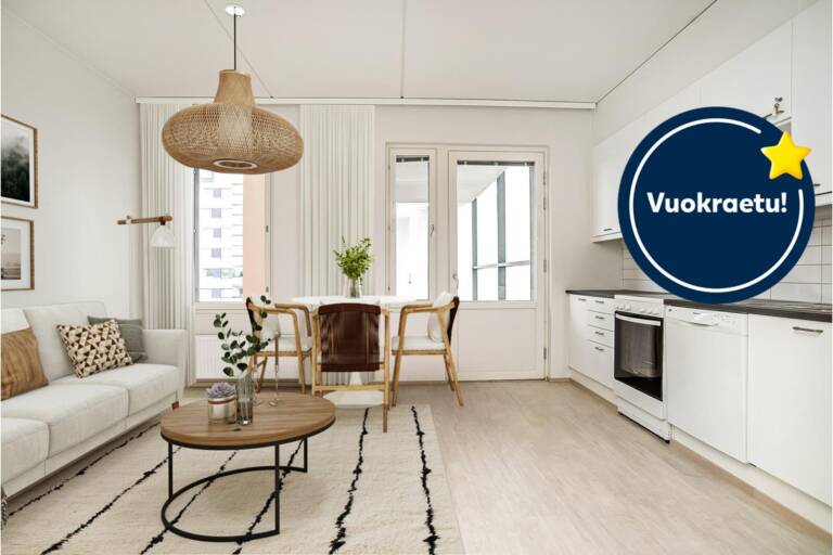 Pääkuva: digistailattu huoneistokuva. Kampanjaetu: Ensimmäisen 6 kuukauden vuokra -50€.
